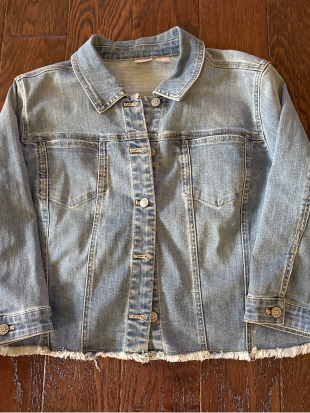 Chico's Light Wash Jean Jacket with Frayed Hem - Pale Blue
